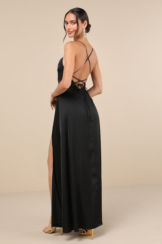 So Loving Black Satin Pleated Lace-Up Backless Maxi Dress 3