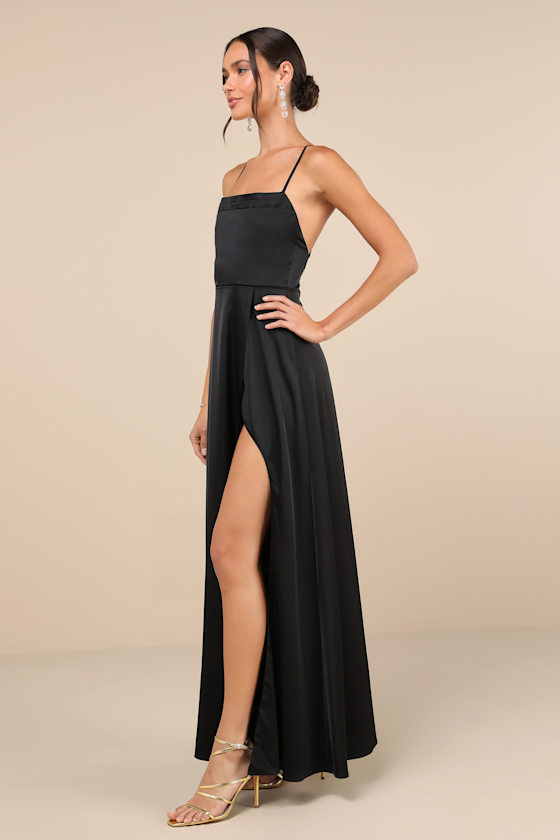 Lulus So Loving Black Satin Pleated Lace-up Backless Maxi Dress In Black