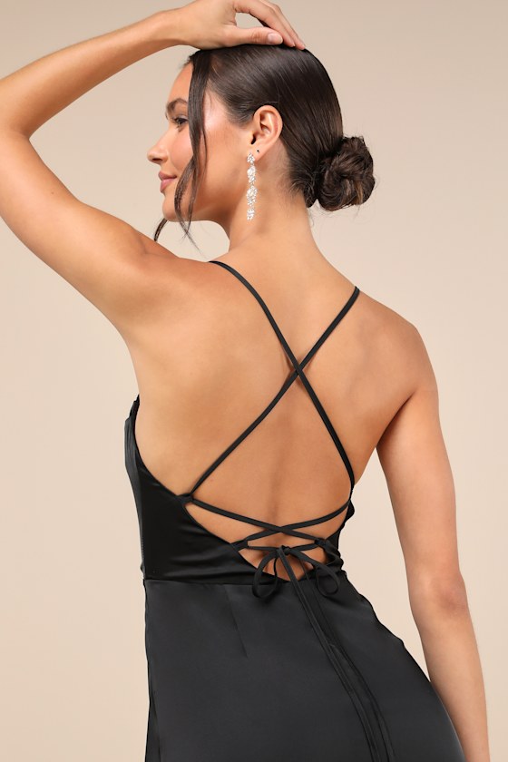 Lulus So Loving Black Satin Pleated Lace-up Backless Maxi Dress In Black