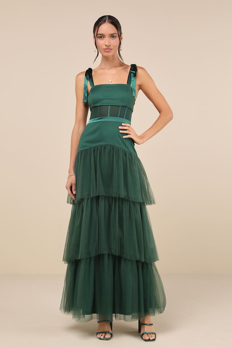green emerald velvet dress Green Floral Tulle A Line Tiered Long Prom Dress with Slit