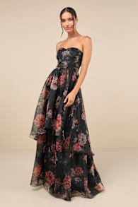 Truly Extraordinary Black Floral Organza Strapless Maxi Dress 1