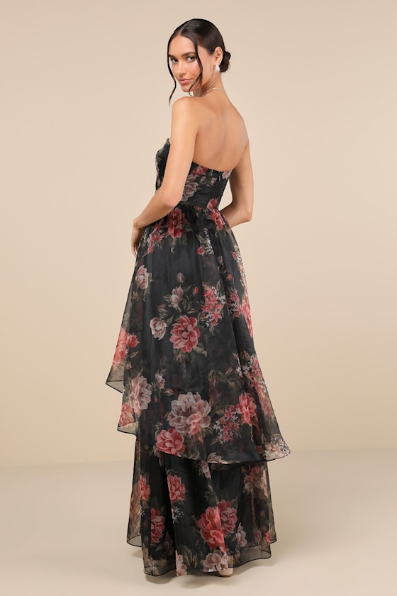 Truly Extraordinary Black Floral Organza Strapless Maxi Dress 2