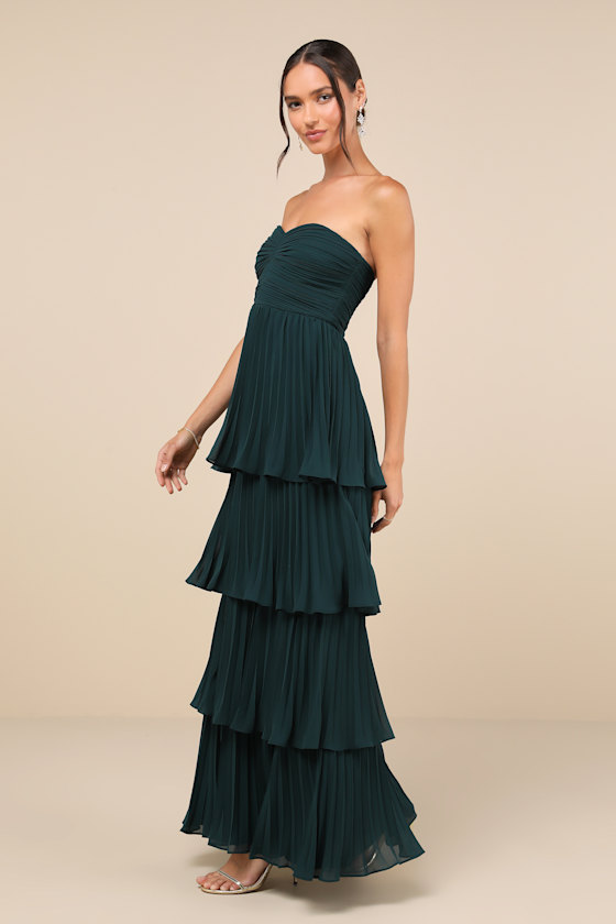 Lulus Seriously Sensational Emerald Strapless Tiered Maxi Dress In Green