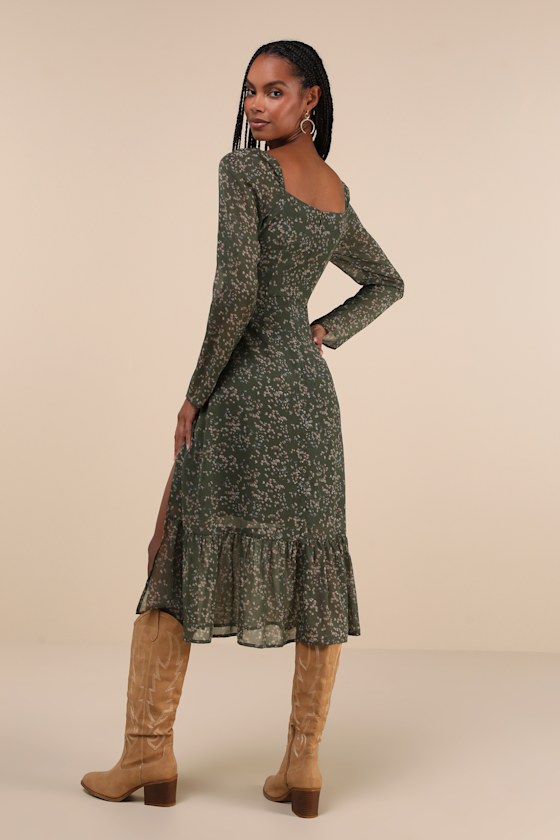 Perfectly Elevated Olive Green Floral Long Sleeve Midi Dress 2