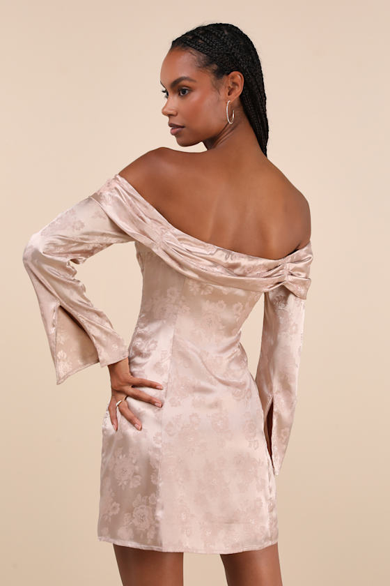 Lulus Truly Yours Blush Satin Jacquard Off-the-shoulder Mini Dress In Pink