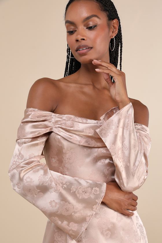 Lulus Truly Yours Blush Satin Jacquard Off-the-shoulder Mini Dress In Pink