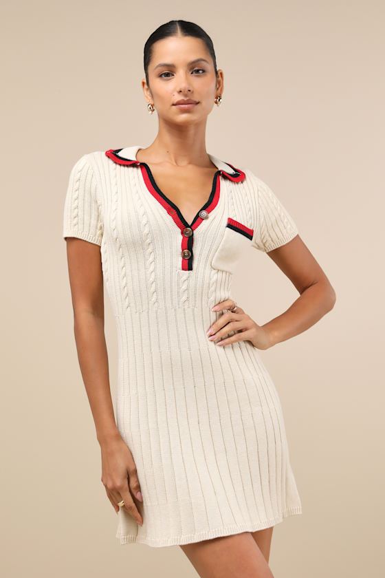 LULUS UPSCALE IDEAL BEIGE CABLE KNIT SHORT SLEEVE SWEATER MINI DRESS