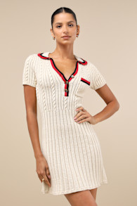 Upscale Ideal Beige Cable Knit Short Sleeve Sweater Mini Dress
