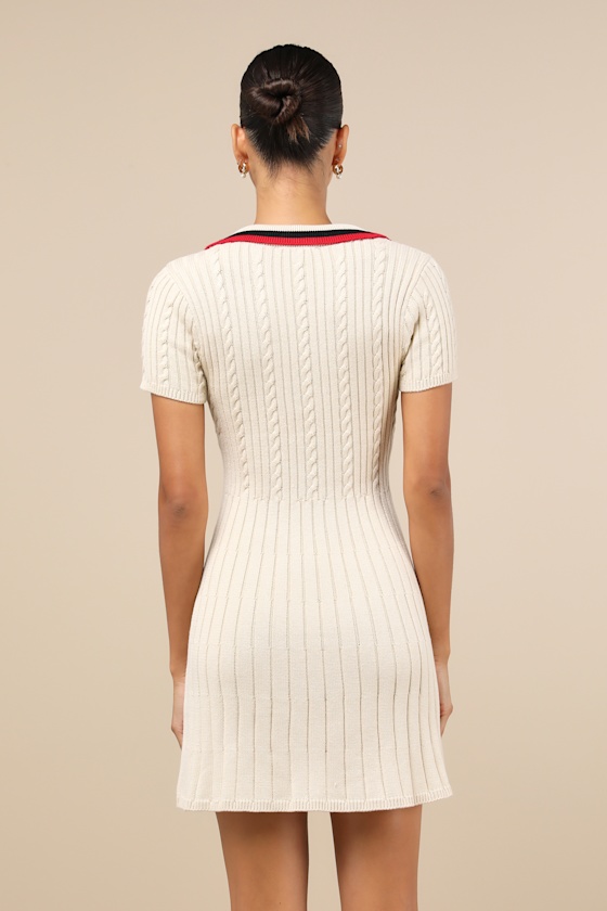 LULUS UPSCALE IDEAL BEIGE CABLE KNIT SHORT SLEEVE SWEATER MINI DRESS