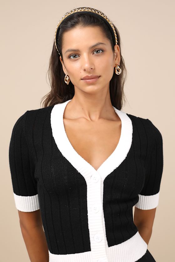 Posh Vibes Black and Ivory Short Sleeve Cardigan Sweater Top 2