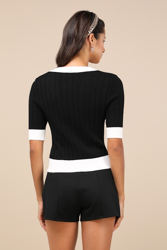 Lulus Posh Vibes Black And Ivory Short Sleeve Cardigan Sweater Top In Black And Ivory