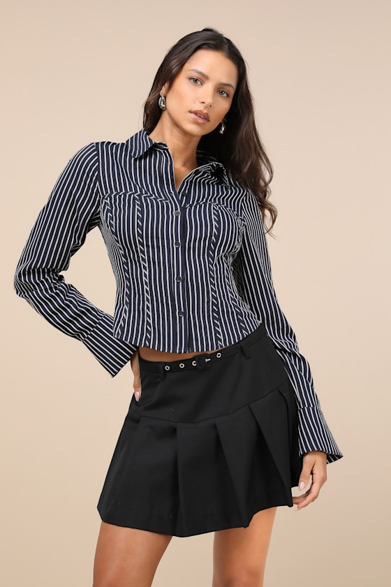 Lulus Stylish Choice Navy And White Striped Bustier Button-up Top In Navy