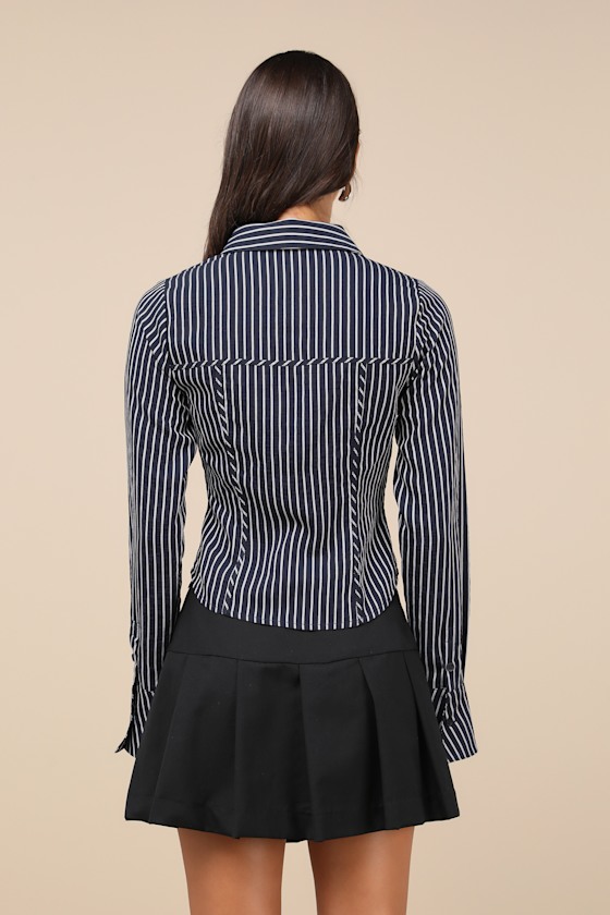 Lulus Stylish Choice Navy And White Striped Bustier Button-up Top In Navy