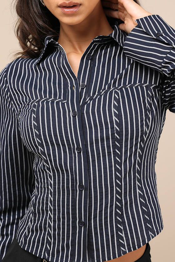 Lulus Stylish Choice Navy And White Striped Bustier Button-up Top In Navy