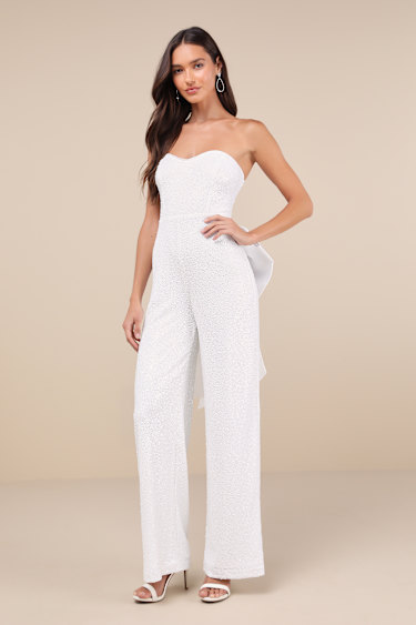 White Sequin Jumpsuit Bridal Jumpsuit Oversized Bow Jumpsuit