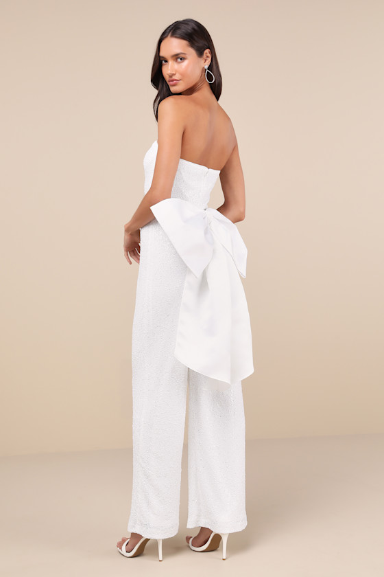 Structured Wide-Leg Jumpsuit with Crystal Bow Detail