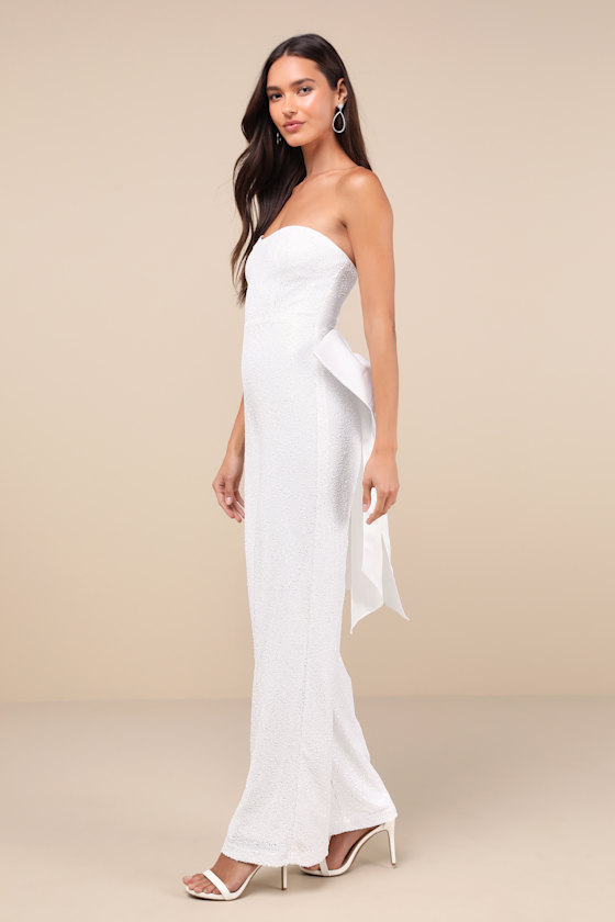 Lulus Mesmerizing Glow White Sequin Removable Bow Wide-leg Jumpsuit In White
