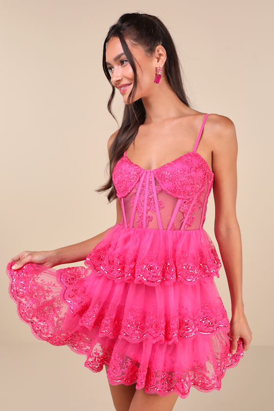 Exquisite Drama Hot Pink Embroidered Sequin Tiered Mini Dress 5