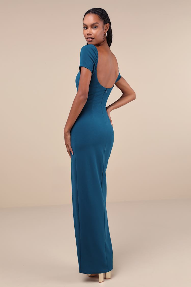 Magnificent Impression Teal Square Neck Short Sleeve Maxi Dress