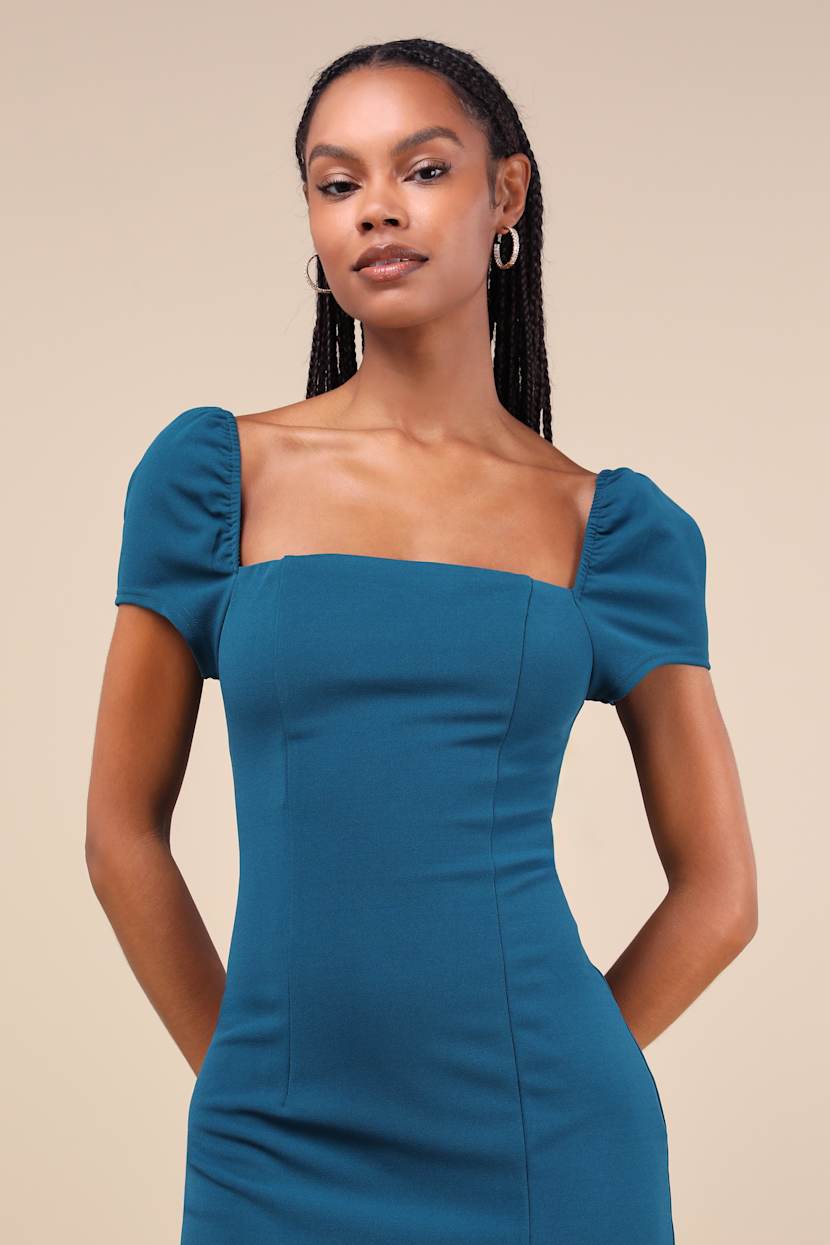 Magnificent Impression Teal Square Neck Short Sleeve Maxi Dress