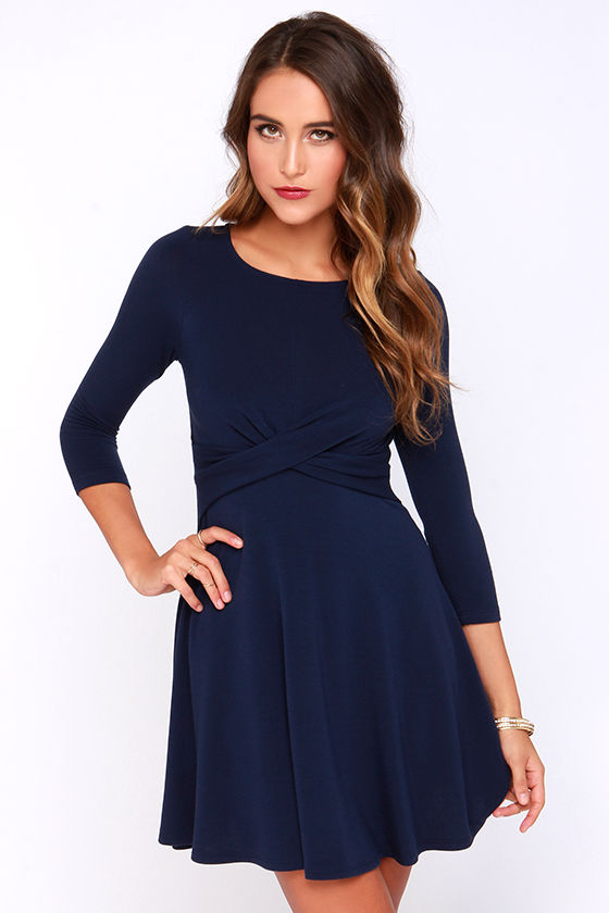 Chic Navy Blue Dress - Skater Dress - Long Sleeve Dress - $44.00 - Lulus