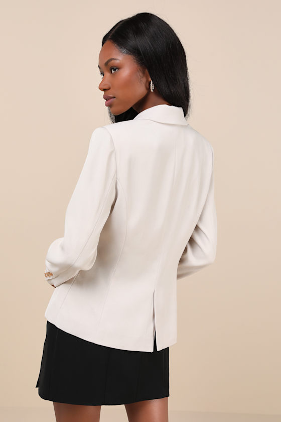 Lulus Major Poise Beige Twill Double-breasted Blazer In Beige