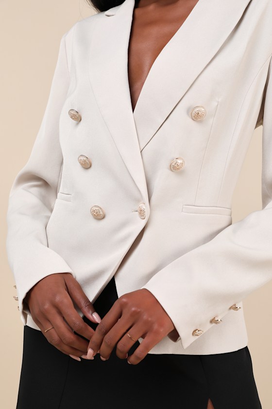 Lulus Major Poise Beige Twill Double-breasted Blazer In Beige