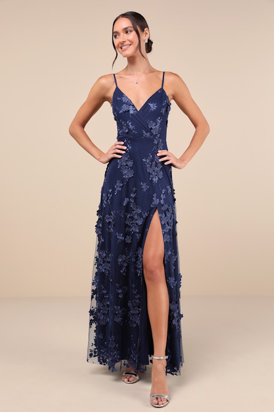 Rare Presence Navy Blue 3D Floral Surplice Maxi Dress 1