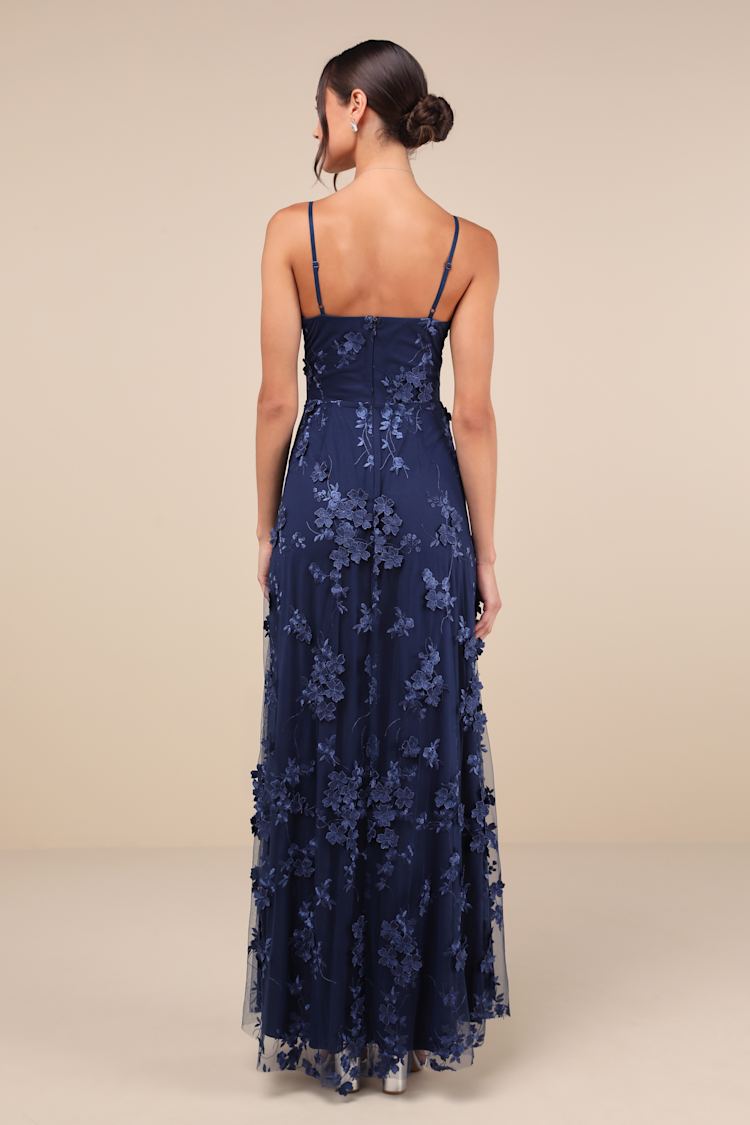 Rare Presence Navy Blue 3D Floral Surplice Maxi Dress