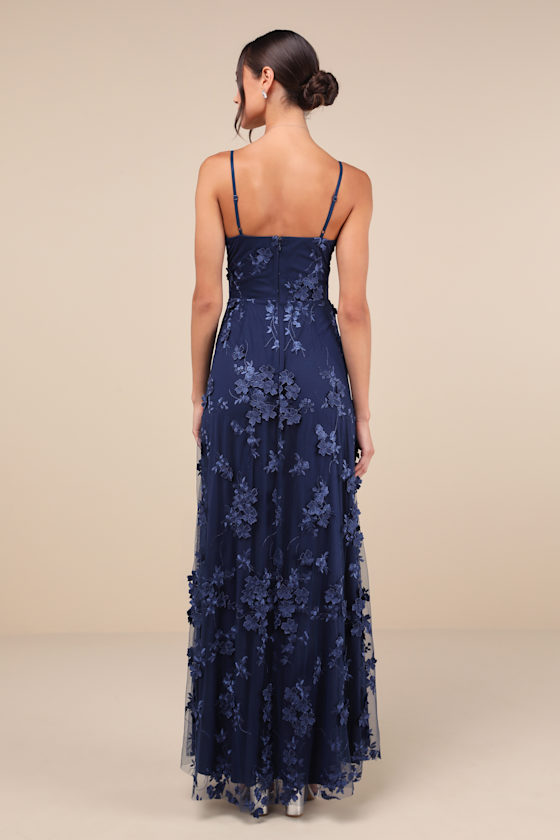Rare Presence Navy Blue 3D Floral Surplice Maxi Dress 3