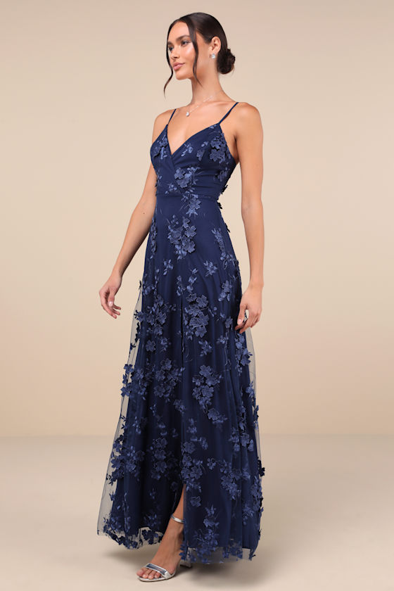 Lulus Rare Presence Navy Blue 3d Floral Surplice Maxi Dress In Navy Blue