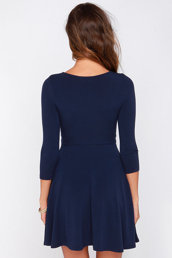 Chic Navy Blue Dress - Skater Dress - Long Sleeve Dress - $44.00