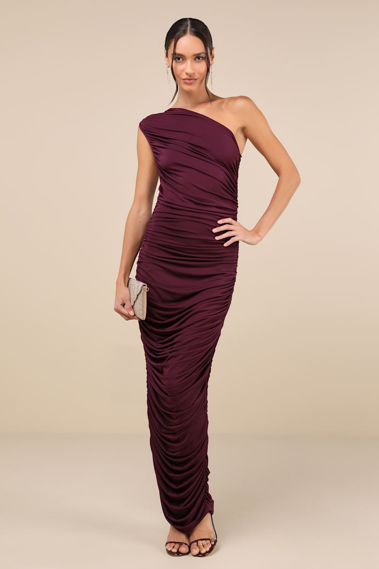 fitted lace wedding dress Mac Duggal Women's Sequined Ruched One Shoulder Gown - Purple main image 1