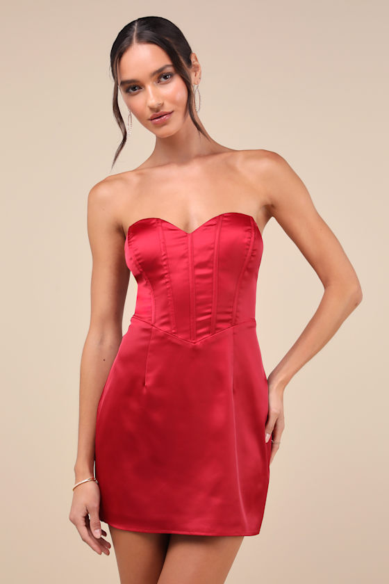 Sexy Perfection Wine Red Satin Strapless Bustier Mini Dress 1