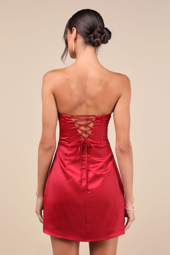 Sexy Perfection Wine Red Satin Strapless Bustier Mini Dress 3