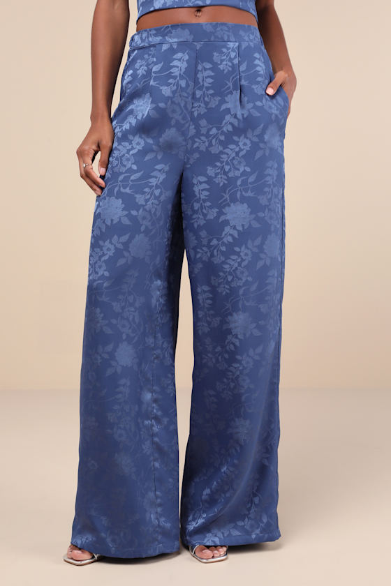 Shop Lulus Significant Elegance Dark Blue Floral Jacquard High-rise Pants