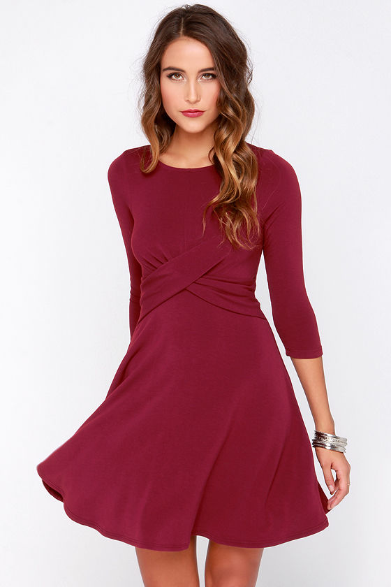 burgundy skater dress with sleeves