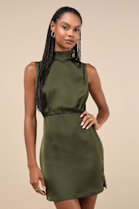 Classic Elegance Olive Satin Sleeveless Mock Neck Mini Dress 1