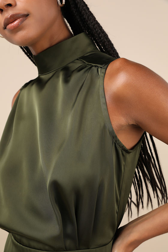 Lulus Classic Elegance Olive Satin Sleeveless Mock Neck Mini Dress In Green