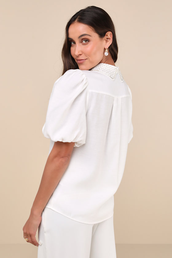Sister Jane Cowgirl Glitter - Ivory Beaded Top - Puff Sleeve