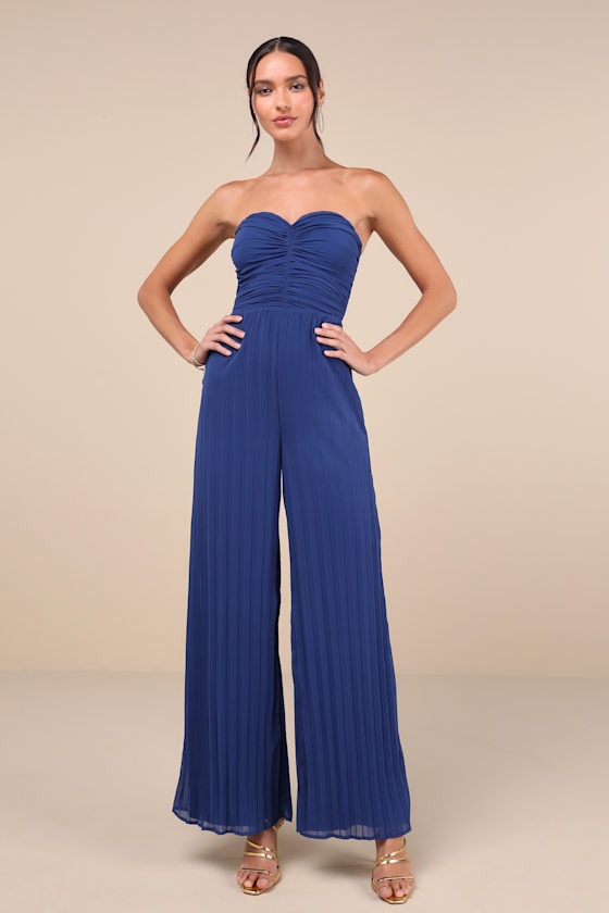 Blue Pleated Jumpsuit - Strapless Jumpsuit - Wide-Leg Jumpsuit - Lulus