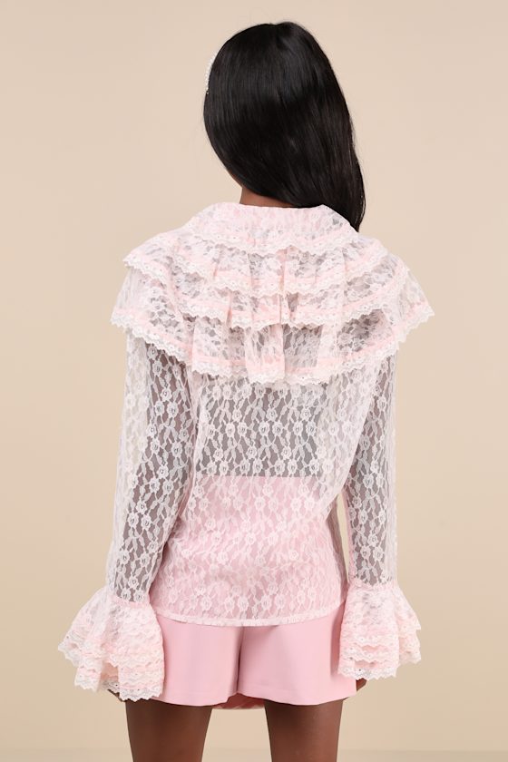 Filly Blush Pink Sheer Lace Ruffled Button-Up Top 1
