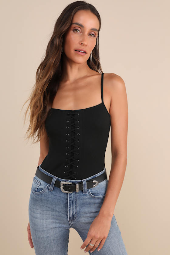 Refreshing Update Black Ribbed Lace-Up Sleeveless Bodysuit 1