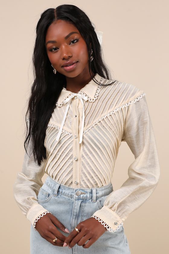 Pony Cream Sheer Pintuck Lace Long Sleeve Button-Up Top 5