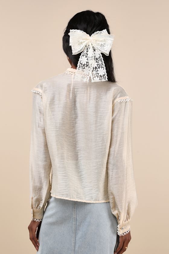 Pony Cream Sheer Pintuck Lace Long Sleeve Button-Up Top 6