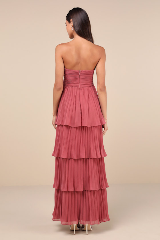 Lulus Seriously Sensational Rusty Rose Strapless Tiered Maxi Dress In Pink