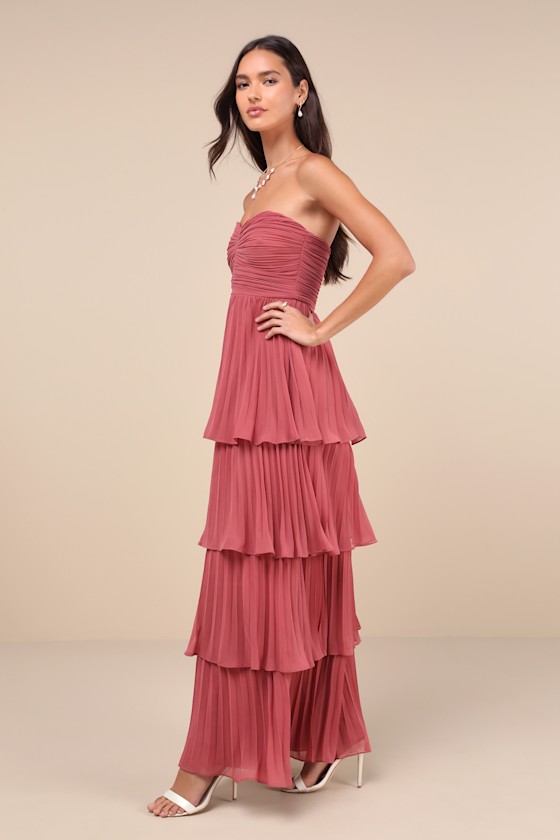 Lulus Seriously Sensational Rusty Rose Strapless Tiered Maxi Dress In Pink