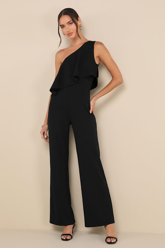 Flawless Vibes Black One-Shoulder Tiered Wide-Leg Jumpsuit 3