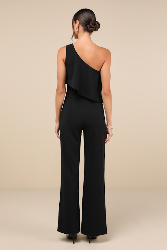 Flawless Vibes Black One-Shoulder Tiered Wide-Leg Jumpsuit 4