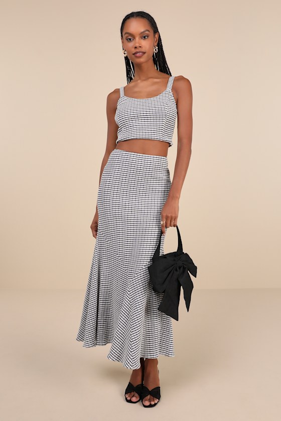 Classic Choice Navy Blue Gingham Trumpet Hem Midi Skirt 3